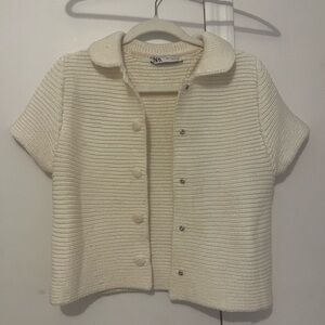Zara White/Cream Short Sleeve Knit Cardigan